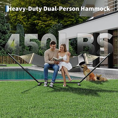 Double Hammock with Stand for Outdoor Portable 2 Person Hammock with Adjustable Steel Stand