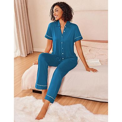 Ekouaer Stripe Pajamas Set for Women Button Down Short Sleeve Pjs Set Soft Lounge Set