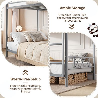 Twin Over Twin Bunk Bed with Stairs, Heavy Duty Metal Construction & High Guardrail, No Box Spring