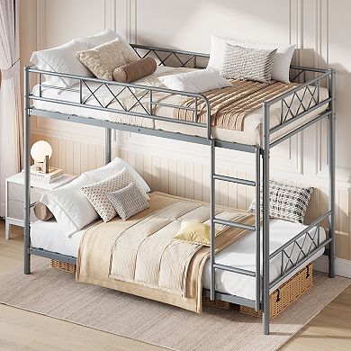 Twin Over Twin Bunk Bed with Stairs, Heavy Duty Metal Construction & High Guardrail, No Box Spring
