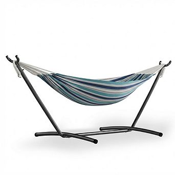 Single Hammock with Stand Heavy Duty 450 lbs Capacity Brazilian Style Cotton Fabric Portable Lounger