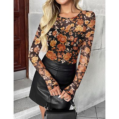 Zeagoo Women's Long Sleeve Sheer Mesh Stretchy Blouses See Through Lace Tops for Party