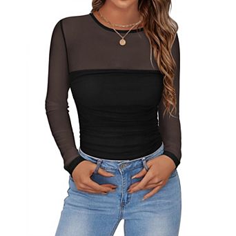 Zeagoo Women's Long Sleeve Sheer Mesh Stretchy Blouses See Through Lace Tops for Party
