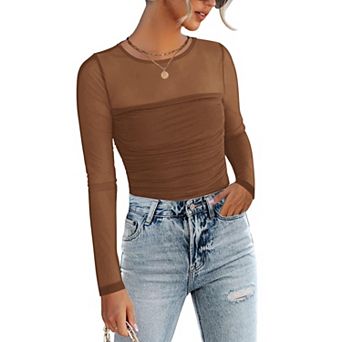 Zeagoo Women's Long Sleeve Sheer Mesh Stretchy Blouses See Through Lace Tops for Party