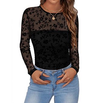 Zeagoo Women's Long Sleeve Sheer Mesh Stretchy Blouses See Through Lace Tops for Party