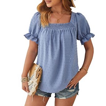 Women's Smocked Swiss Dot Puff Short Sleeve Shirt Summer Casual Square Neck Top Swing Loose Blouse