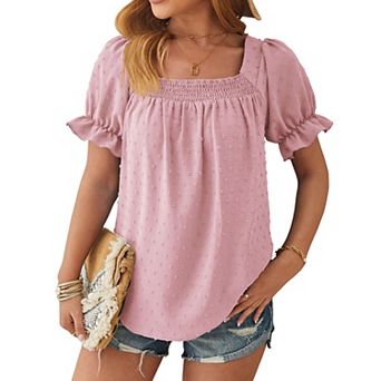 Women's Smocked Swiss Dot Puff Short Sleeve Shirt Summer Casual Square Neck Top Swing Loose Blouse