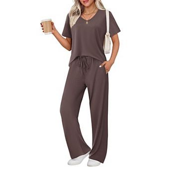 Ekouaer Lounge Sets for Women Ribbed Pajama Set Short Sleeve Top and Long Pants Set with Pockets