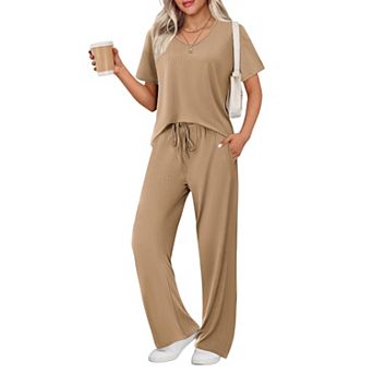 Ekouaer Lounge Sets for Women Ribbed Pajama Set Short Sleeve Top and Long Pants Set with Pockets