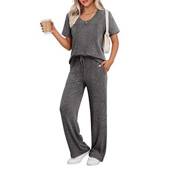 Ekouaer Lounge Sets for Women Ribbed Pajama Set Short Sleeve Top and Long Pants Set with Pockets