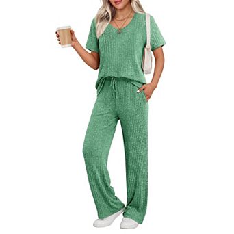 Ekouaer Lounge Sets for Women Ribbed Pajama Set Short Sleeve Top and Long Pants Set with Pockets