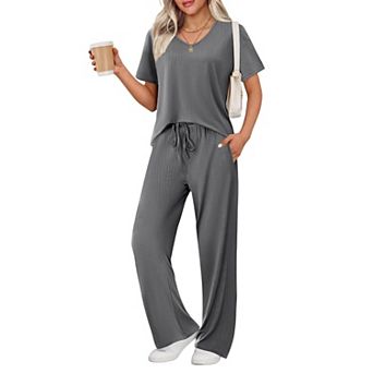 Ekouaer Lounge Sets for Women Ribbed Pajama Set Short Sleeve Top and Long Pants Set with Pockets