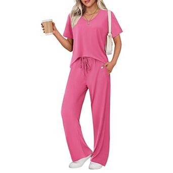 Ekouaer Lounge Sets for Women Ribbed Pajama Set Short Sleeve Top and Long Pants Set with Pockets