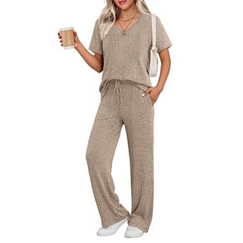 Ekouaer Lounge Sets for Women Ribbed Pajama Set Short Sleeve Top and Long Pants Set with Pockets