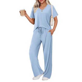 Ekouaer Lounge Sets for Women Ribbed Pajama Set Short Sleeve Top and Long Pants Set with Pockets