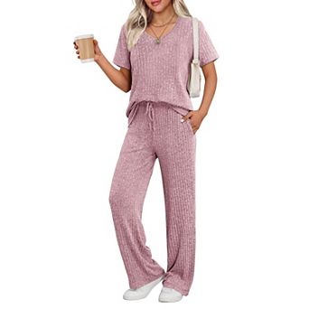 Ekouaer Lounge Sets for Women Ribbed Pajama Set Short Sleeve Top and Long Pants Set with Pockets