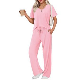 Ekouaer Lounge Sets for Women Ribbed Pajama Set Short Sleeve Top and Long Pants Set with Pockets