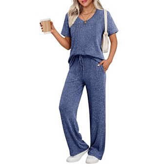 Ekouaer Lounge Sets for Women Ribbed Pajama Set Short Sleeve Top and Long Pants Set with Pockets