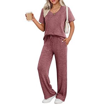 Ekouaer Lounge Sets for Women Ribbed Pajama Set Short Sleeve Top and Long Pants Set with Pockets