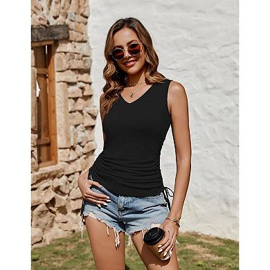 Zeagoo Women's V Neck Sleeveless Ruched Drawstring Side Casual Trendy Tank Tops