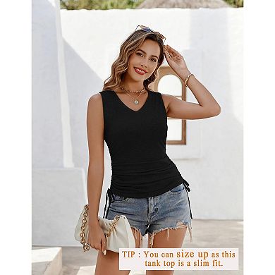Zeagoo Women's V Neck Sleeveless Ruched Drawstring Side Casual Trendy Tank Tops