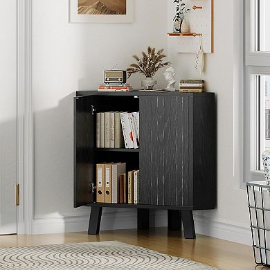 Fluted Corner Cabinet with Storage, Space-Saving Triangle Storage Unit with Fluted Doors
