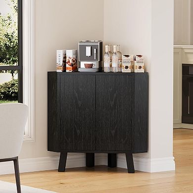 Fluted Corner Cabinet with Storage, Space-Saving Triangle Storage Unit with Fluted Doors