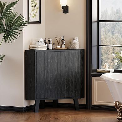 Fluted Corner Cabinet with Storage, Space-Saving Triangle Storage Unit with Fluted Doors