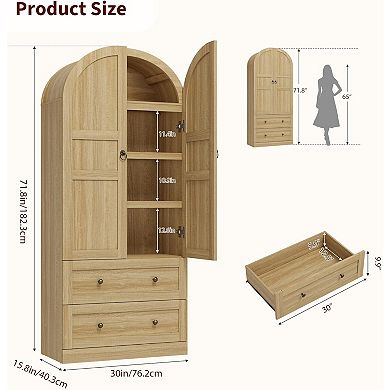72" Tall Arched Kitchen Pantry Cabinet 2 Drawers Wood Doors