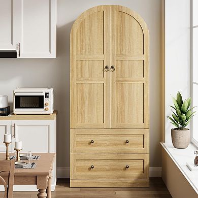 72" Tall Arched Kitchen Pantry Cabinet 2 Drawers Wood Doors