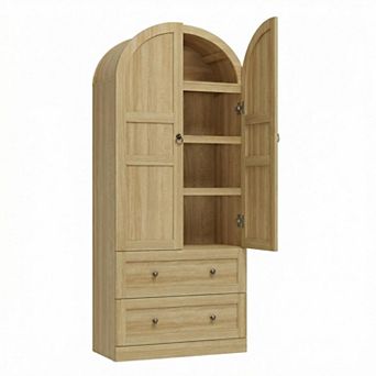 72" Tall Arched Kitchen Pantry Cabinet 2 Drawers Wood Doors