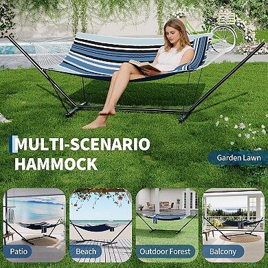 2 Person Double Hammock with Stand and Pillow 450 Lbs Capacity Heavy Duty Hammock with Balance Rope