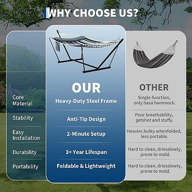 2 Person Double Hammock with Stand and Pillow 450 Lbs Capacity Heavy Duty Hammock with Balance Rope