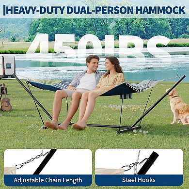 2 Person Double Hammock with Stand and Pillow 450 Lbs Capacity Heavy Duty Hammock with Balance Rope