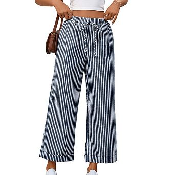 Womens Pants Elastic Waist Striped Lightweight Pants for Women Casual Lounge Wide Leg Pants