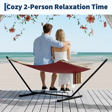 Comfortable 2 Person Quilted Hammock with Hardwood Spreader Bars Pillow 450lbs Capacity Ideal