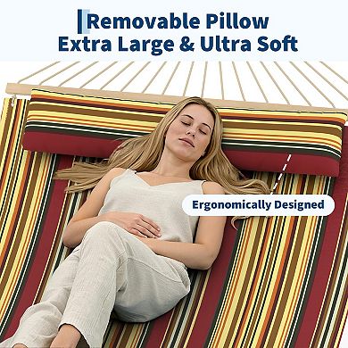 Comfortable 2 Person Quilted Hammock with Hardwood Spreader Bars Pillow 450lbs Capacity Ideal