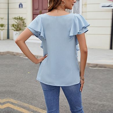 Women's Summer Ruffle Short Sleeve Shirt Button Down V Neck Casual Top Loose Fit Soft Blouse