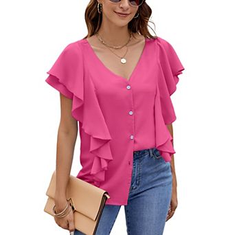 Women's Summer Ruffle Short Sleeve Shirt Button Down V Neck Casual Top Loose Fit Soft Blouse