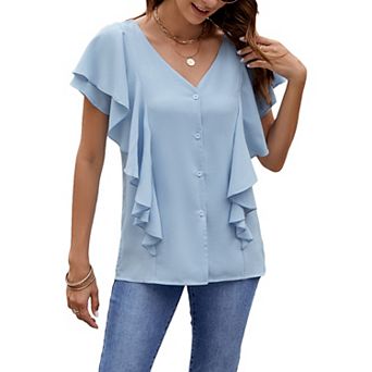 Women's Summer Ruffle Short Sleeve Shirt Button Down V Neck Casual Top Loose Fit Soft Blouse