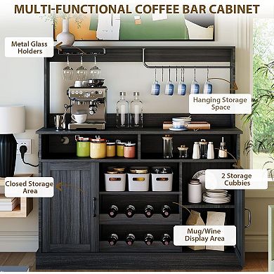 Bakers Rack With Power Outlet and LED Light 67" Kitchen Microwave Stand Storage Shelf