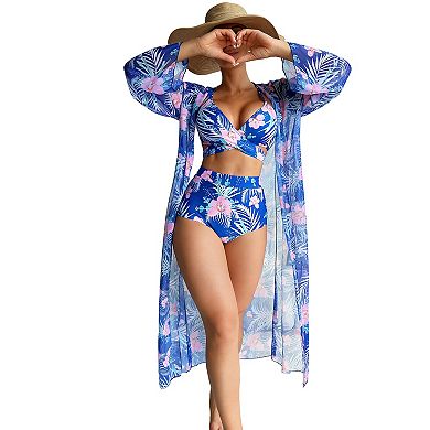 Mesh Open Front Cover Up Beach Dress with Ruched Side Bikini Set