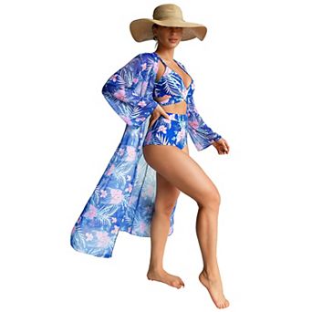 Mesh Open Front Cover Up Beach Dress with Ruched Side Bikini Set