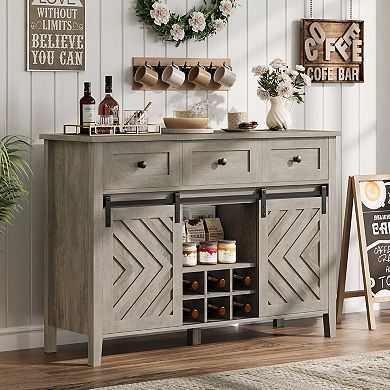 Rustic Farmhouse Sideboard Buffet Cabinet, Features Sliding Barn Door, Three Spacious Drawers