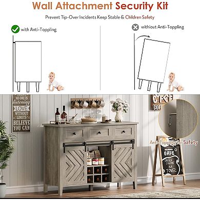 Rustic Farmhouse Sideboard Buffet Cabinet, Features Sliding Barn Door, Three Spacious Drawers