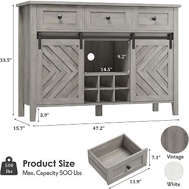 Rustic Farmhouse Sideboard Buffet Cabinet, Features Sliding Barn Door, Three Spacious Drawers