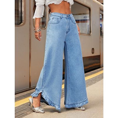Women's Wide Leg Jeans High Waisted Stretchy Ruffle Hem Trendy