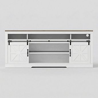 TV Stand for 75 Inch TV - Open Storage Cabinets & Sliding Barn Doors