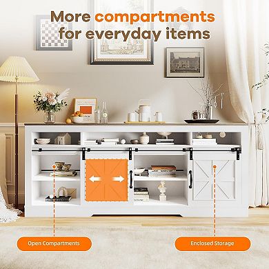 TV Stand for 75 Inch TV - Open Storage Cabinets & Sliding Barn Doors