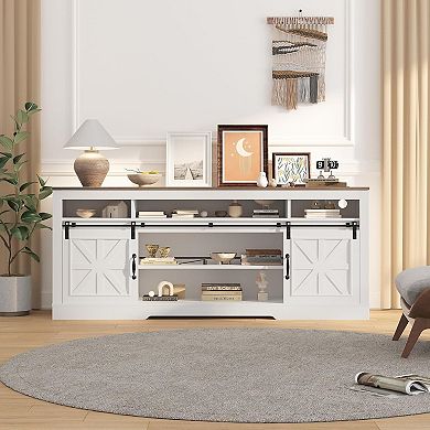 TV Stand for 75 Inch TV - Open Storage Cabinets & Sliding Barn Doors